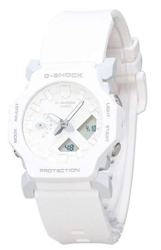 Casio G-Shock Analog Digital White Resin White Dial Strap. A brand-new Casio G-Shock watch featuring a White dial. Angled view.
