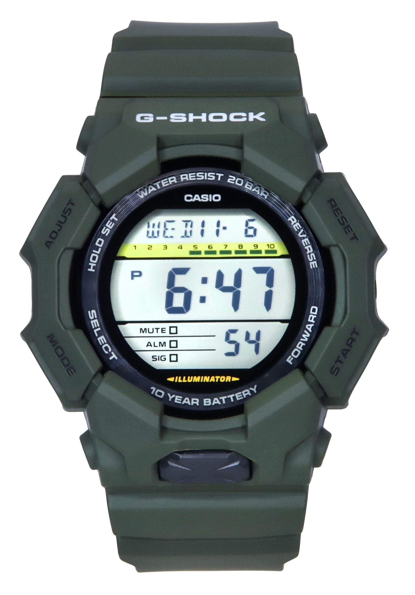 Casio G-Shock Digital Bio-Based Green Resin Strap Black. A brand-new Casio G-Shock watch featuring a Black dial. Side view.