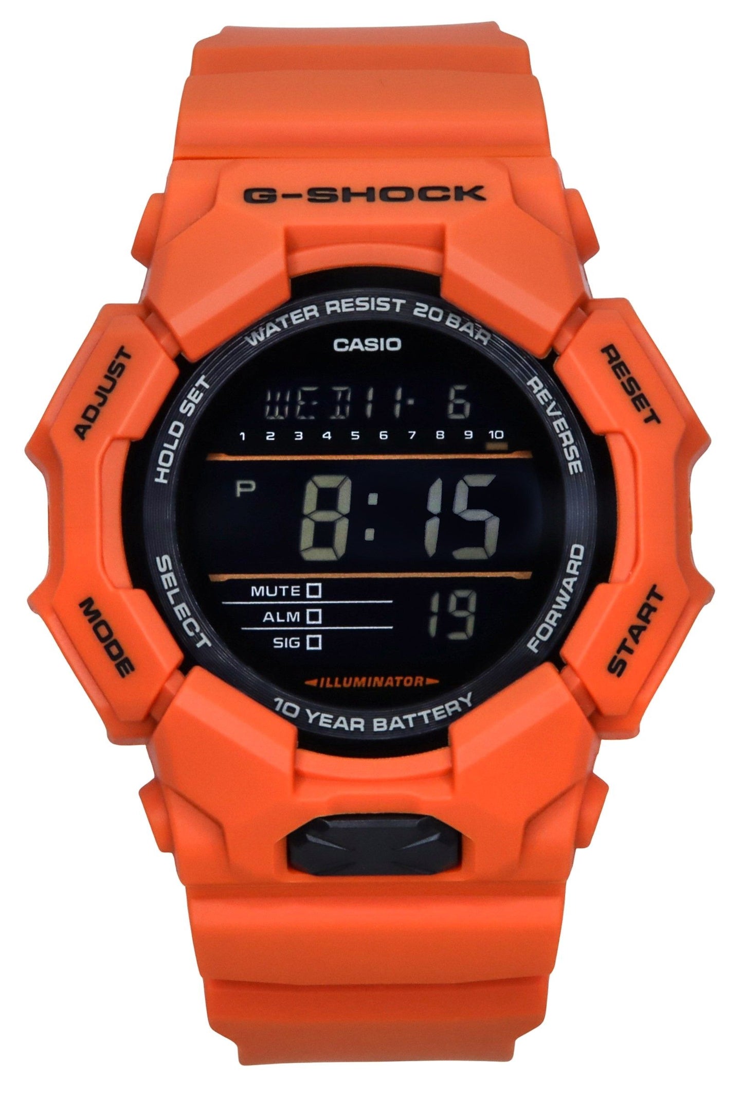 Casio G-Shock Digital Bio-Based Orange Resin Strap Black. A brand-new Casio G-Shock watch featuring a Black dial. Angled view.