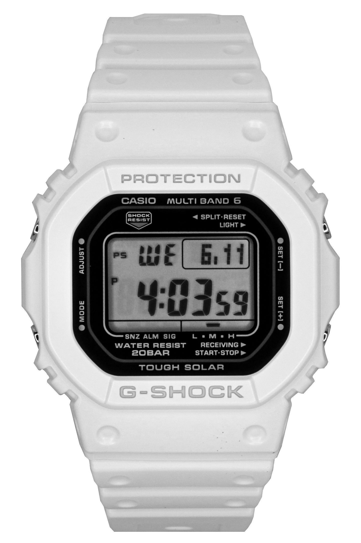 Casio G-Shock Digital Bio-Based Resin Strap Solar 200M. A brand-new Casio G-Shock watch featuring a Plastic strap. Side view.