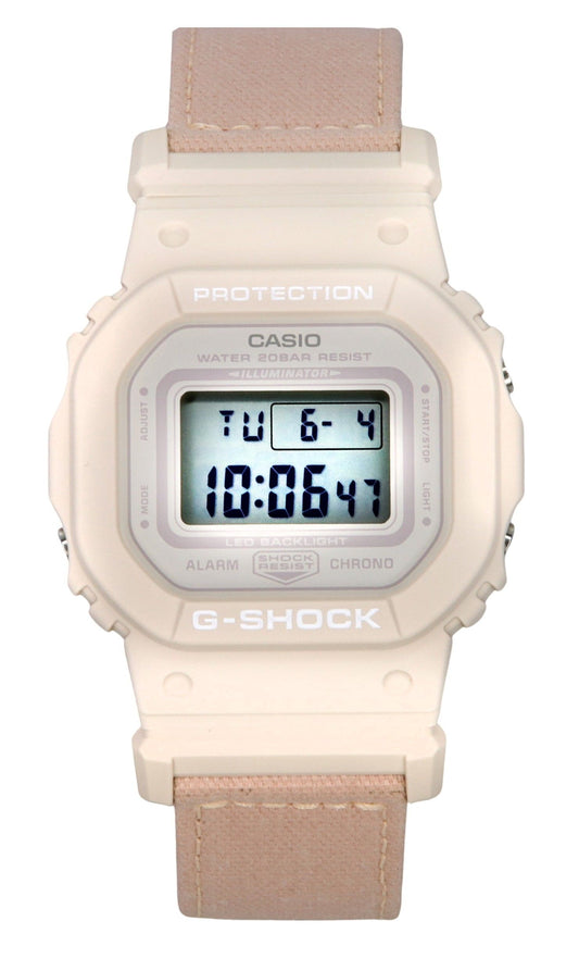 Casio G-Shock Digital Organic Pink Cloth Strap Bio-Based. A brand-new Casio G-Shock watch featuring a Plastic strap. Side view.