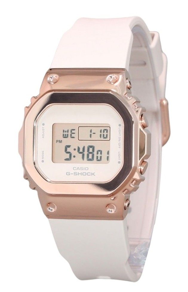 Casio G-Shock Digital Pink Gold Ion Plated Bezel Resin. A brand-new Casio G-Shock watch. Angled view.