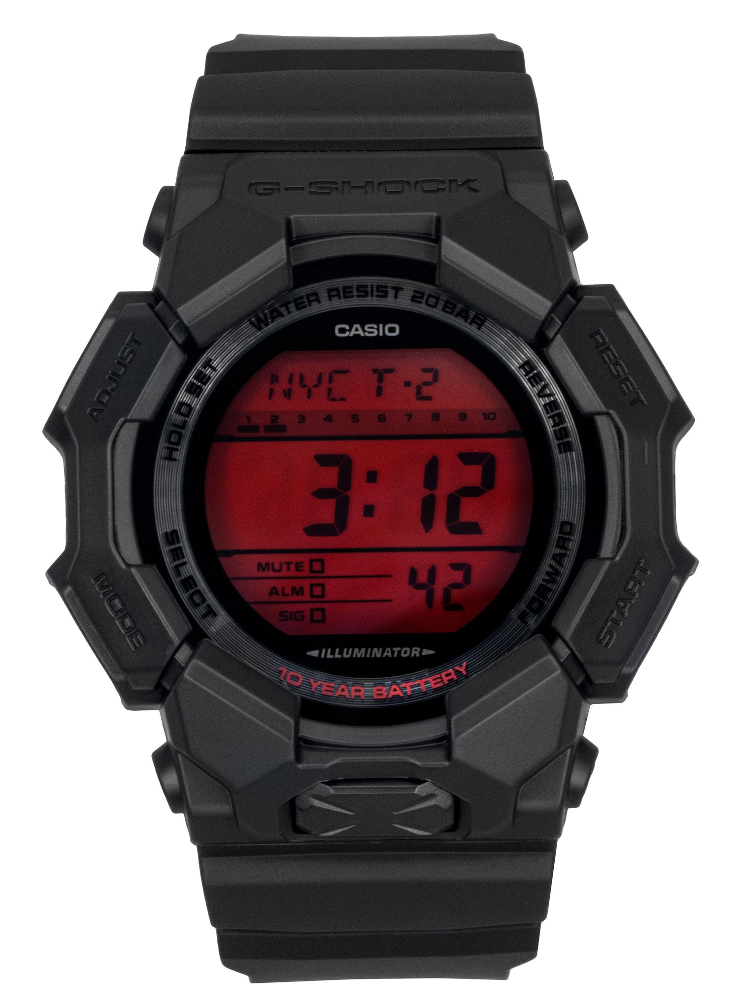 Casio G-Shock Digital Resin Strap Quartz 200M. A brand-new Casio G-Shock watch. Side view.