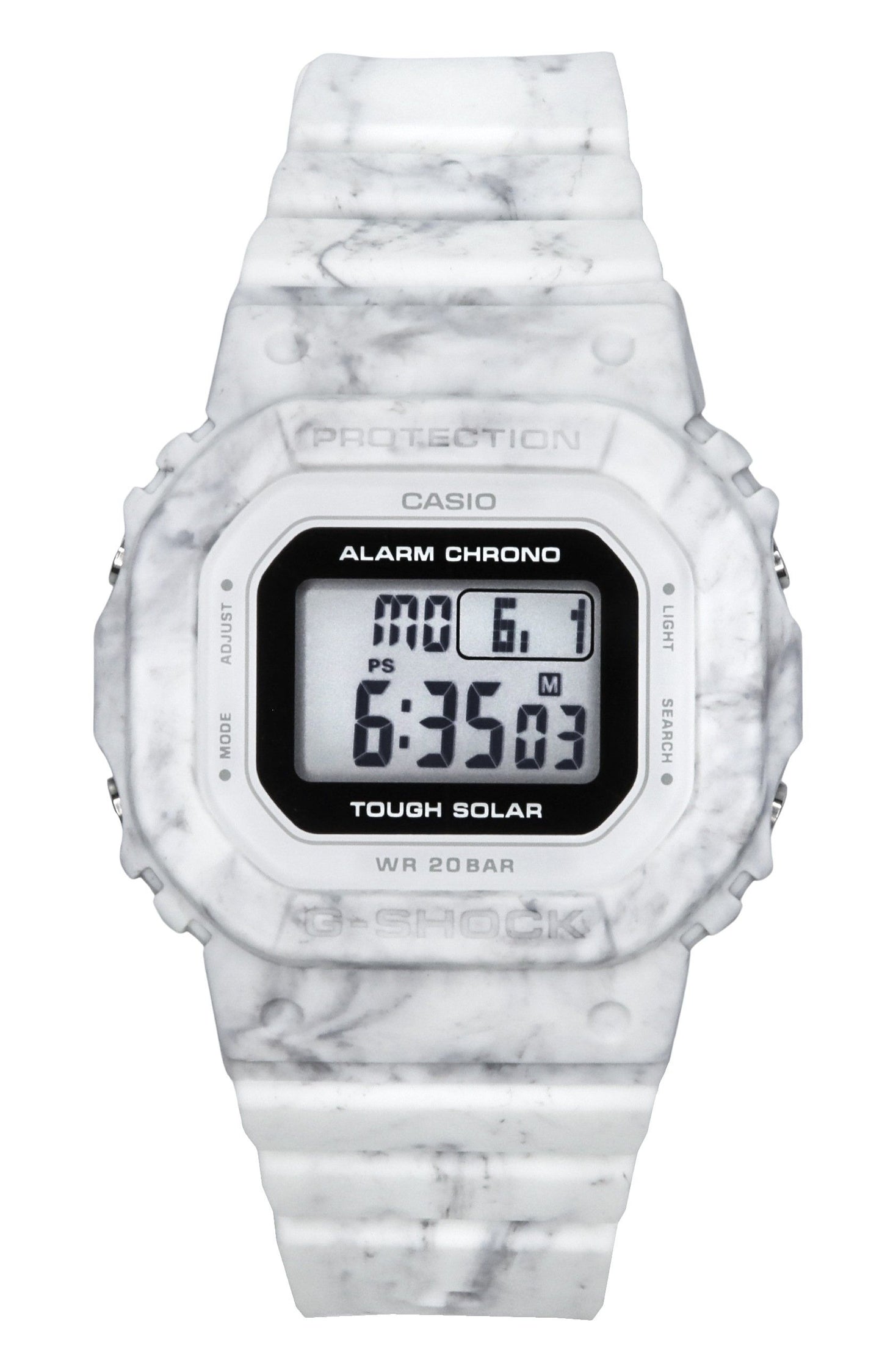 Casio G-Shock Digital White Bio-Based Resin Strap Tough. A brand-new Casio G-Shock watch featuring a Plastic strap. Front view.