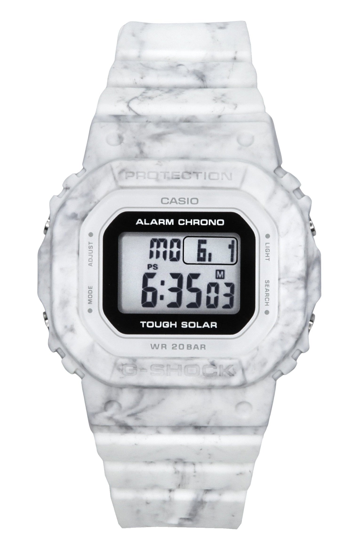 Casio G-Shock Digital White Bio-Based Resin Strap Tough. A brand-new Casio G-Shock watch featuring a Plastic strap. Front view.