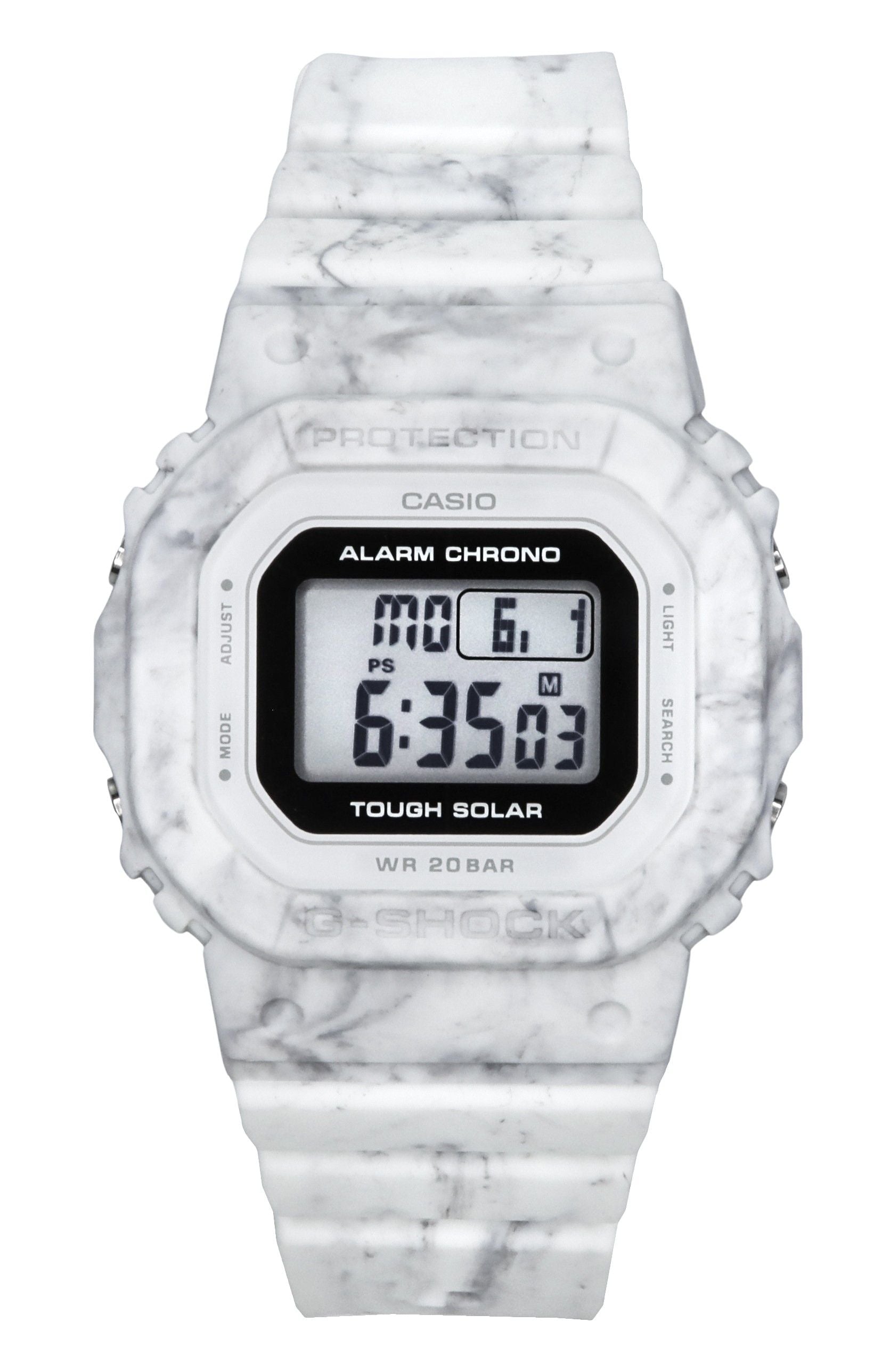 Casio G-Shock Digital White Bio-Based Resin Strap Tough. A brand-new Casio G-Shock watch featuring a Plastic strap. Front view.