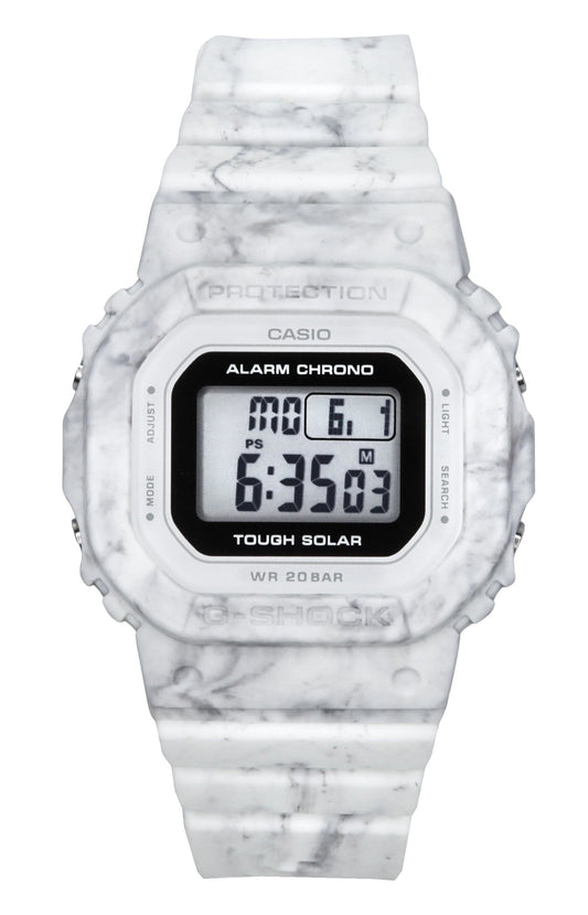 Casio G-Shock Digital White Bio-Based Resin Strap Tough. A brand-new Casio G-Shock watch featuring a Plastic strap. Front view.