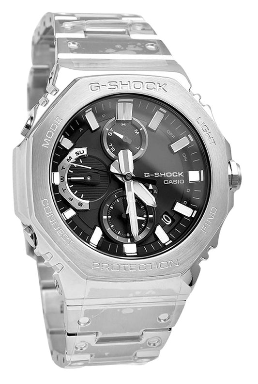 Casio G-Shock Full Metal Analog Chronograph Smartphone Link. A brand-new Casio G-Shock watch featuring a Black dial. Angled view.