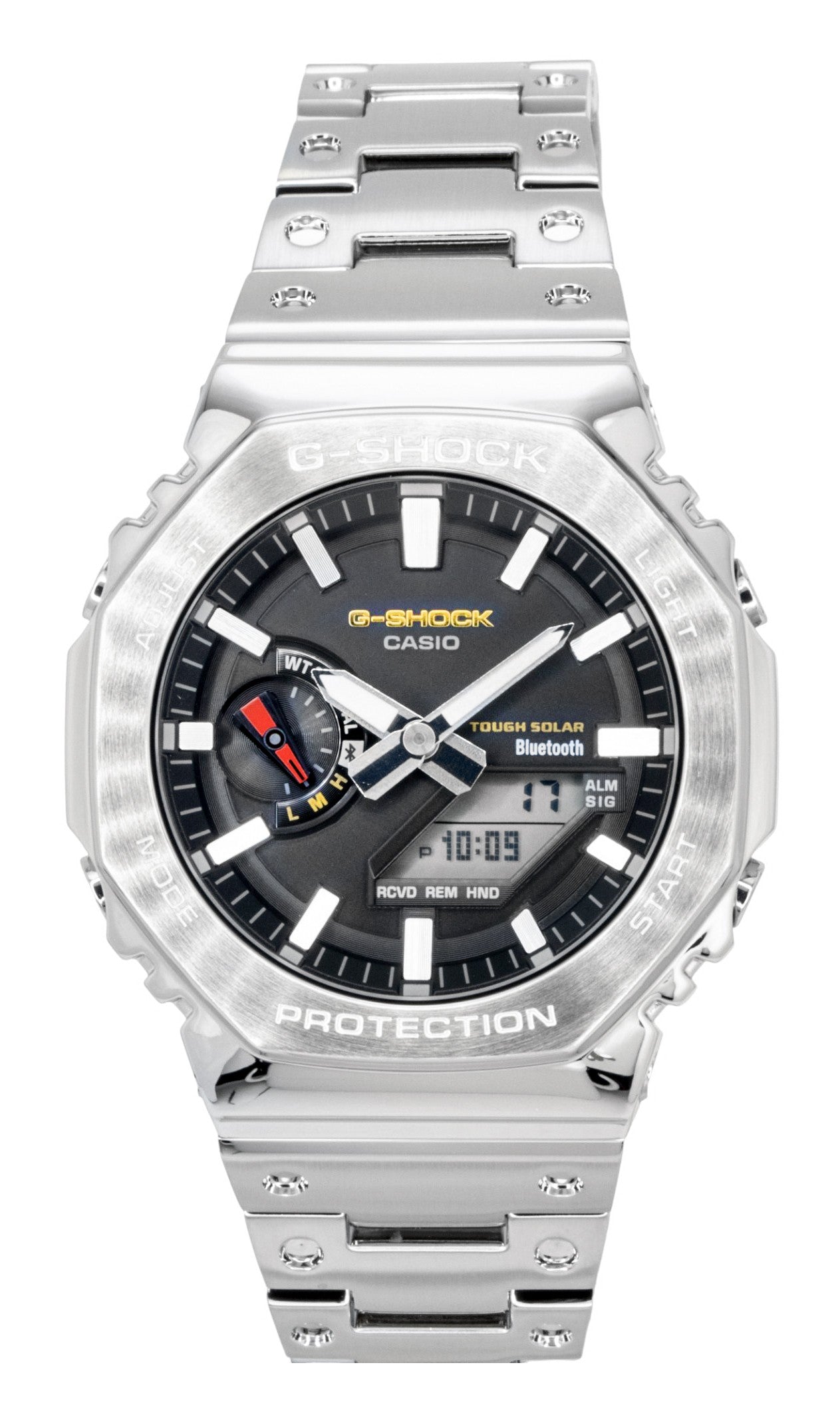 Casio G-Shock Full Metal Analog Digital Smartphone Link. A brand-new Casio G-Shock watch featuring a Black dial and a Stainless steel strap. Side view.