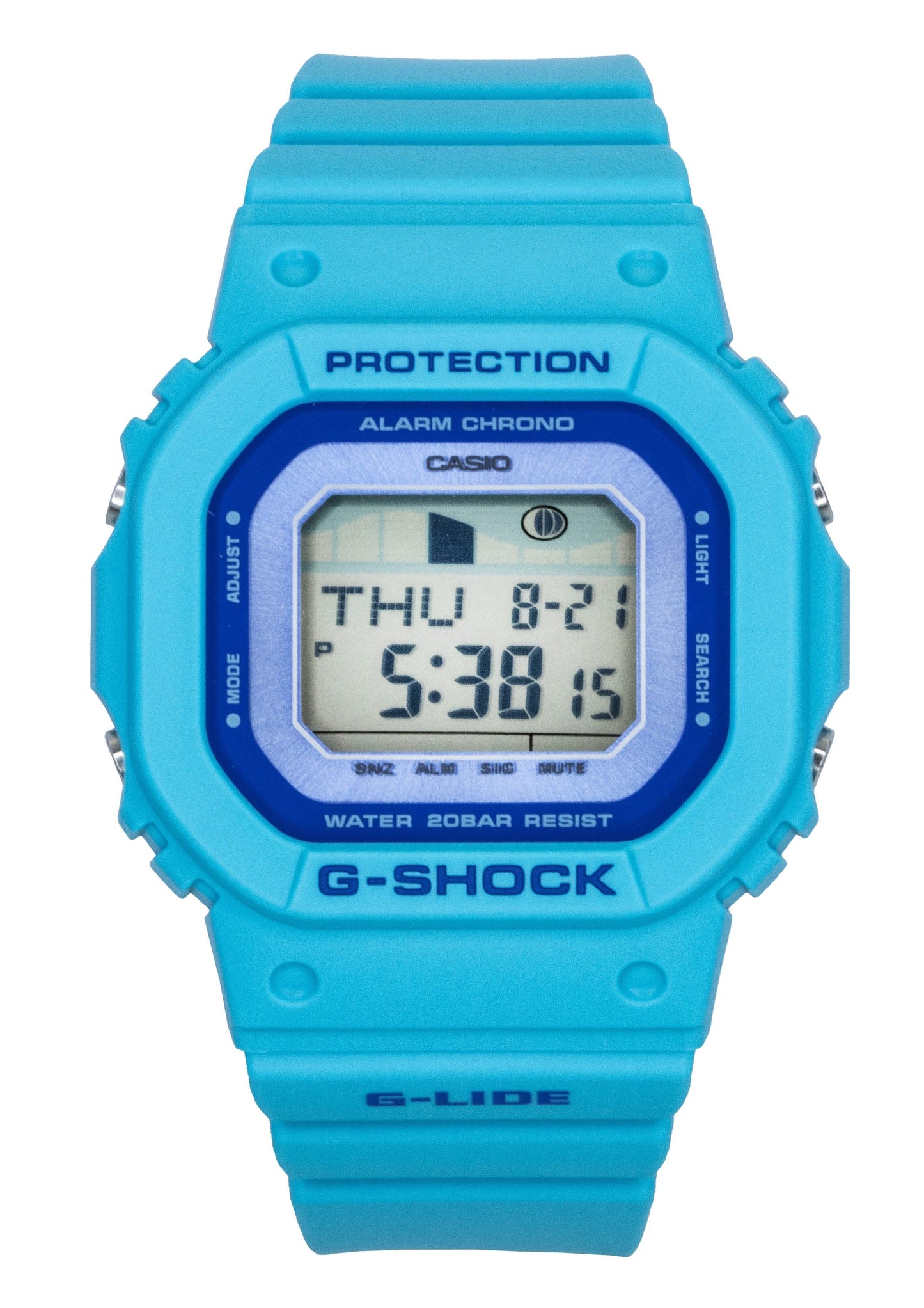 Casio G-Shock G-Lide Digital Bio-Based Resin Strap Quartz. A brand-new Casio G-Shock watch featuring a Plastic strap. Angled view.