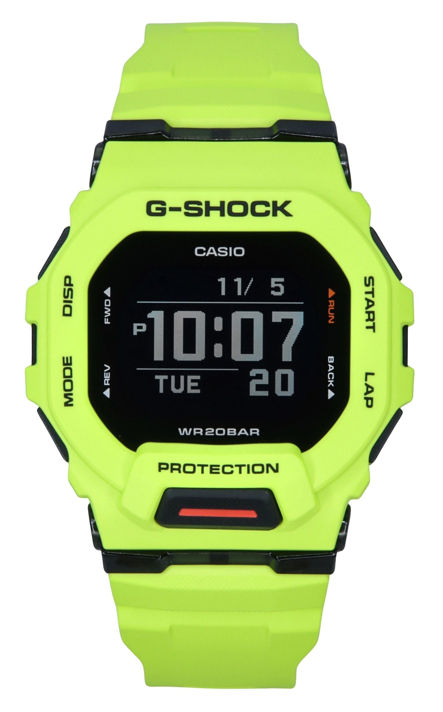 Casio G-Shock G-Squad Digital Smartphone Link Yellow Resin. A brand-new Casio G-Shock watch. Angled view.