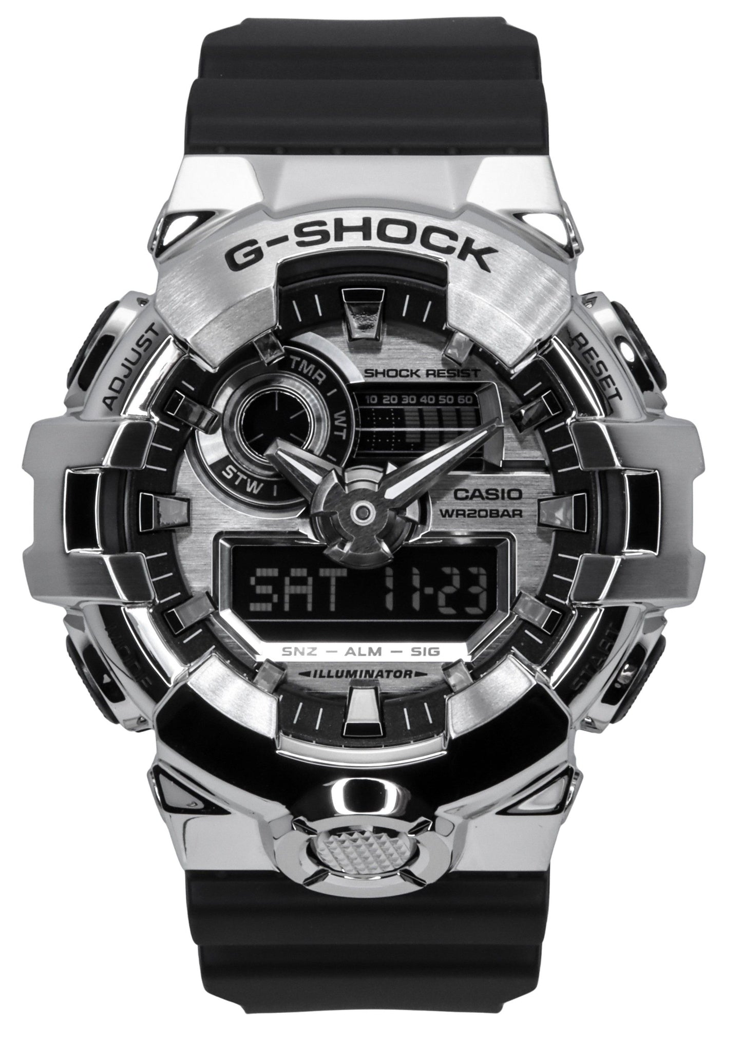 Casio G-Shock G-Steel Analog Digital Resin Strap Silver. A brand-new Casio G-Shock watch featuring a Silver dial. Angled view.