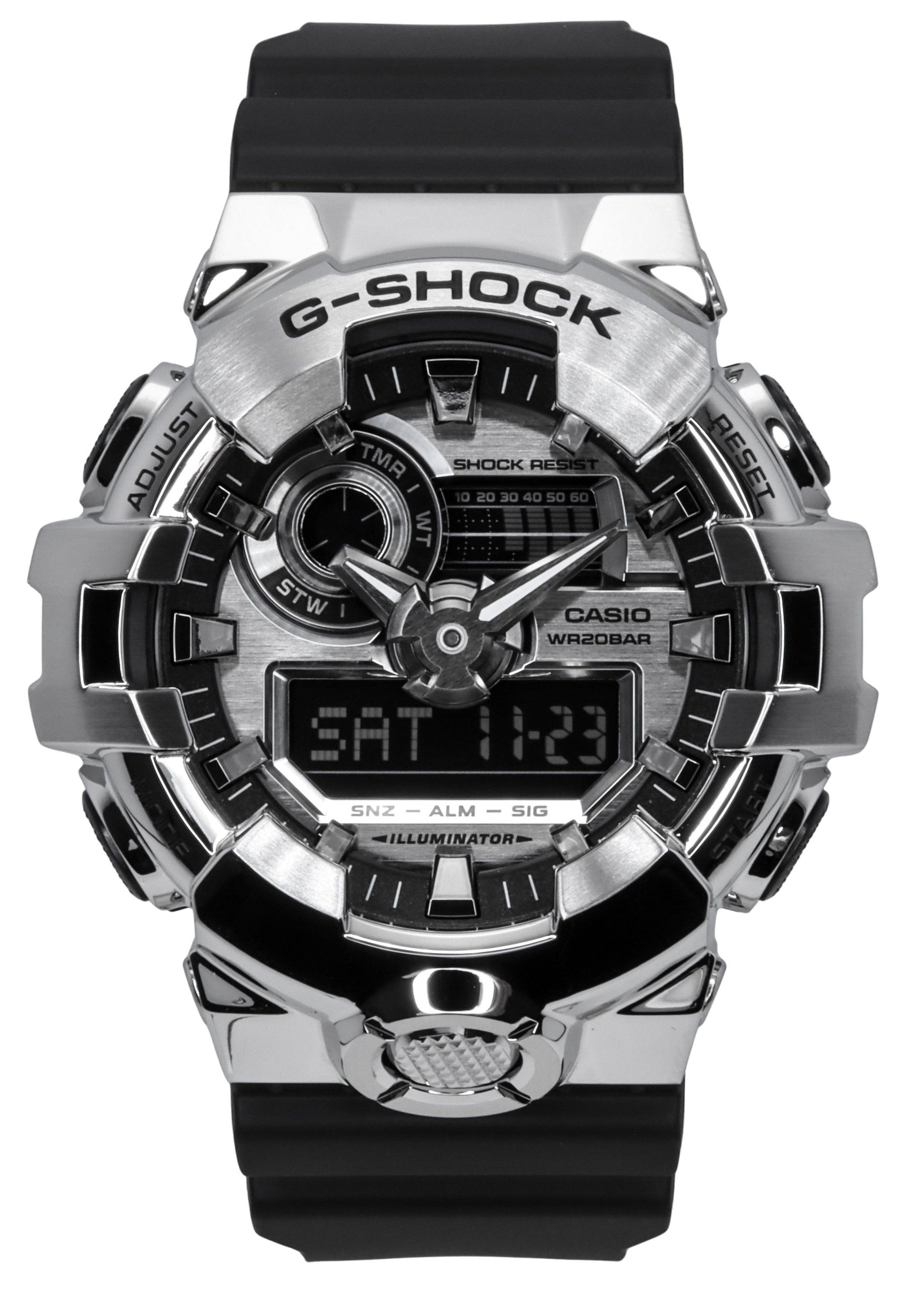 Casio G-Shock G-Steel Analog Digital Resin Strap Silver. A brand-new Casio G-Shock watch featuring a Silver dial. Angled view.