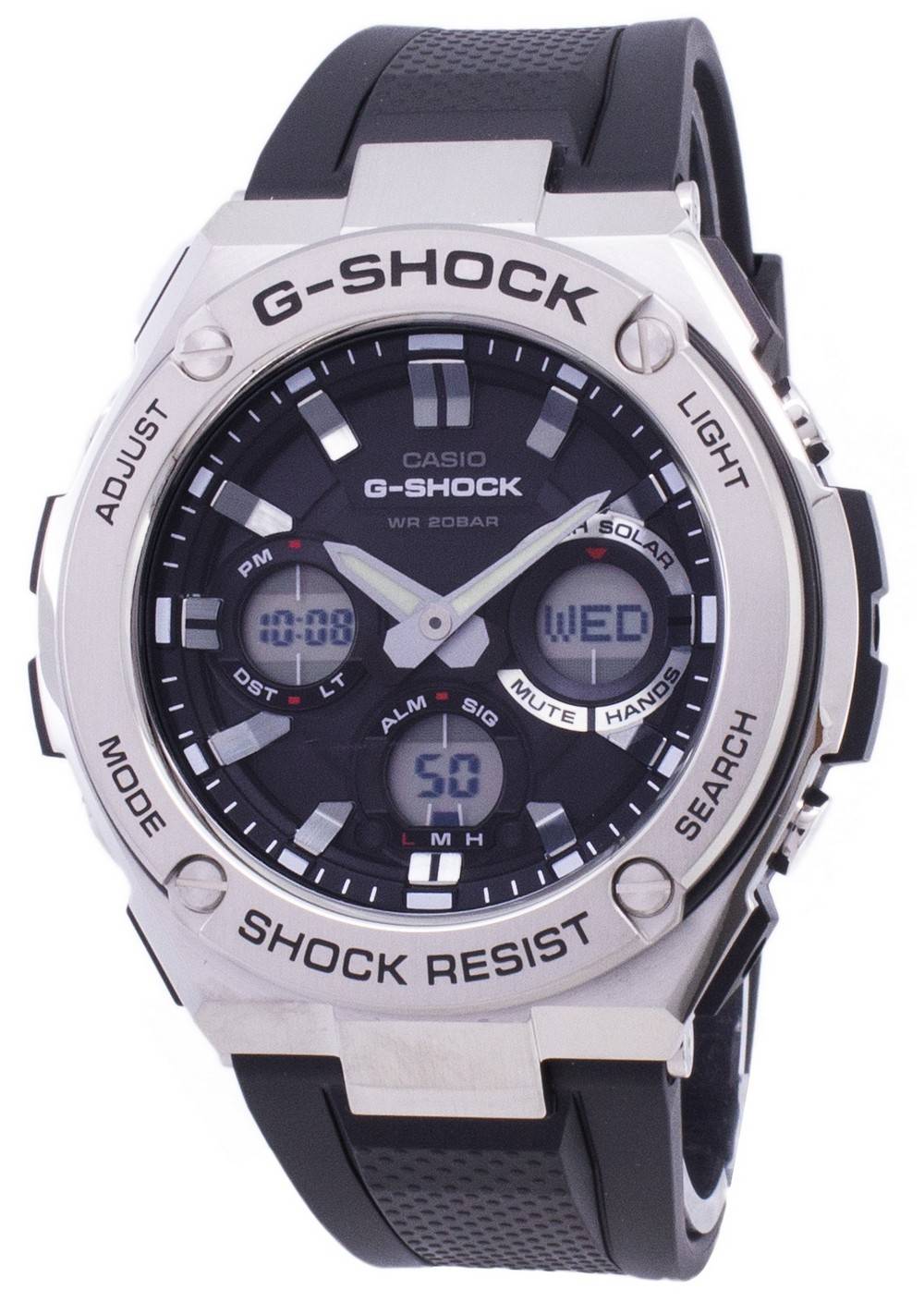 Casio G-Shock G-STEEL Analog-Digital World Time GSTS110-1A. A brand-new Casio G-Shock watch featuring a Stainless steel strap. Angled view.