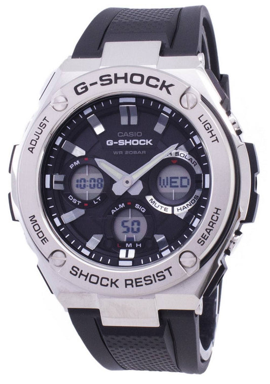 Casio G-Shock G-STEEL Analog-Digital World Time GSTS110-1A. A brand-new Casio G-Shock watch featuring a Stainless steel strap. Angled view.