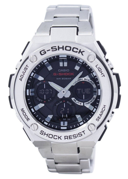 Casio G-Shock G-STEEL Analog-Digital World Time GSTS110D-1A. A brand-new Casio G-Shock watch featuring a Stainless steel strap. Angled view.