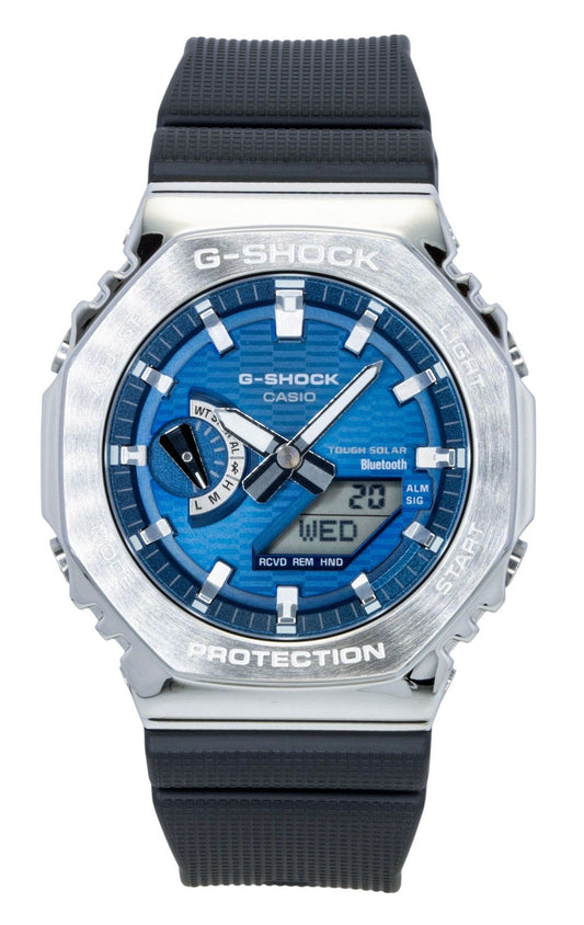 Casio G-Shock G-Steel Bio-Based Resin Strap Smartphone Link. A brand-new Casio G-Shock watch featuring a Blue dial and a Plastic strap. Angled view.