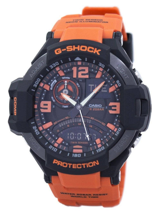 Casio G-Shock Gravitymaster Neon Illuminator Analog-Digital. A brand-new Casio G-Shock watch featuring a Stainless steel strap. Front view.