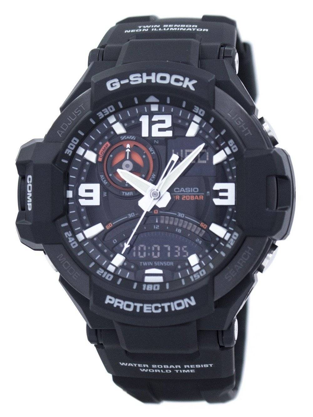 Casio G-Shock GRAVITYMASTER Twin Sensor GA1000-1A. A brand-new Casio G-Shock watch featuring a Stainless steel strap. Angled view.