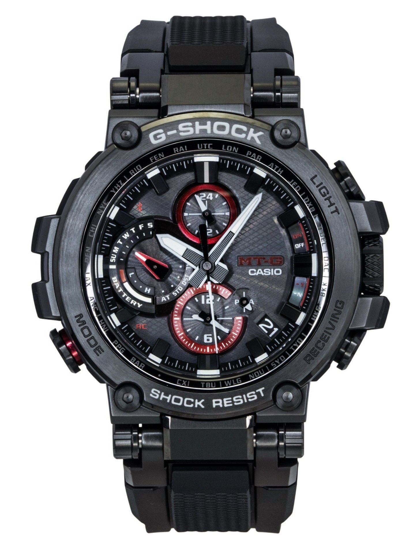 Casio G-Shock MT-G Analog Smartphone Link Resin Strap Black. A brand-new Casio G-Shock watch featuring a Black dial. Angled view.