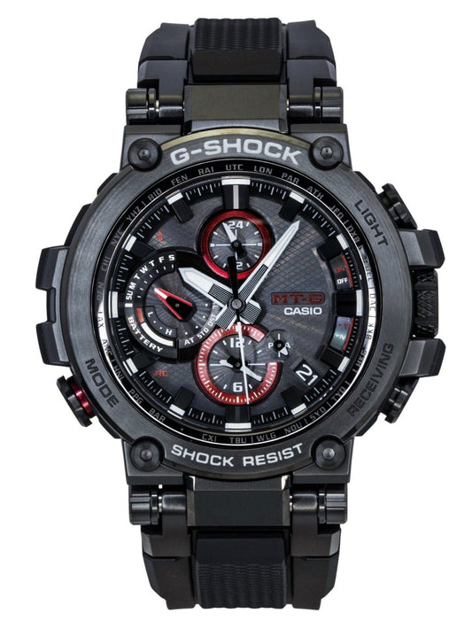 Casio G-Shock MT-G Analog Smartphone Link Resin Strap Black. A brand-new Casio G-Shock watch featuring a Black dial. Angled view.