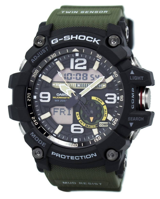 Casio G-Shock Mudmaster Analog Digital Twin Sensor. A brand-new Casio G-Shock watch featuring a Stainless steel strap. Front view.
