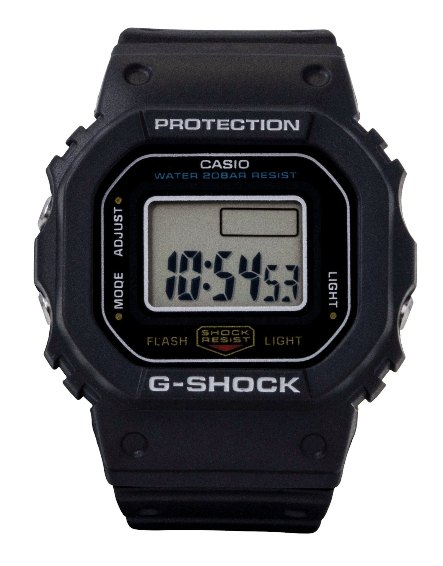 Casio G-Shock Nano Digital Black Bio-Based Resin Strap. A brand-new Casio G-Shock watch featuring a Plastic strap. Side view.