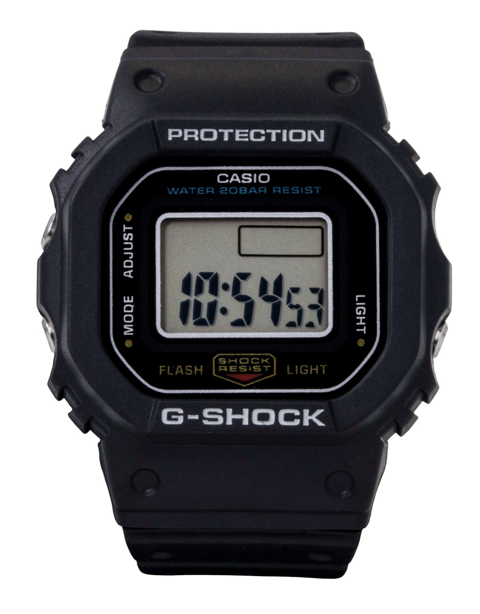 Casio G-Shock Nano Digital Black Bio-Based Resin Strap. A brand-new Casio G-Shock watch featuring a Plastic strap. Side view.