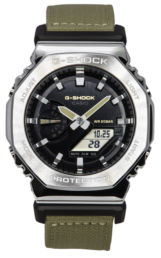 Casio G-Shock Utility Metal Collection Analog Digital Cloth. A brand-new Casio G-Shock watch featuring a Black dial and a Polyester strap. Side view.