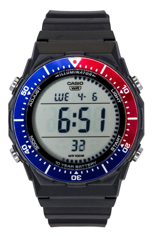 Casio Multifunctional Digital Resin Strap Pepsi Bezel. A brand-new Casio watch. Angled view.