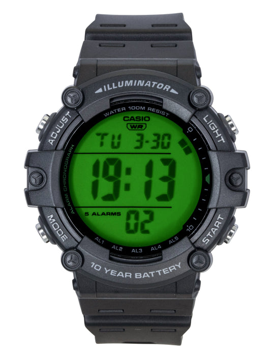 Casio Multifunctional Digital Resin Strap Quartz 100M. A brand-new Casio watch. Side view.