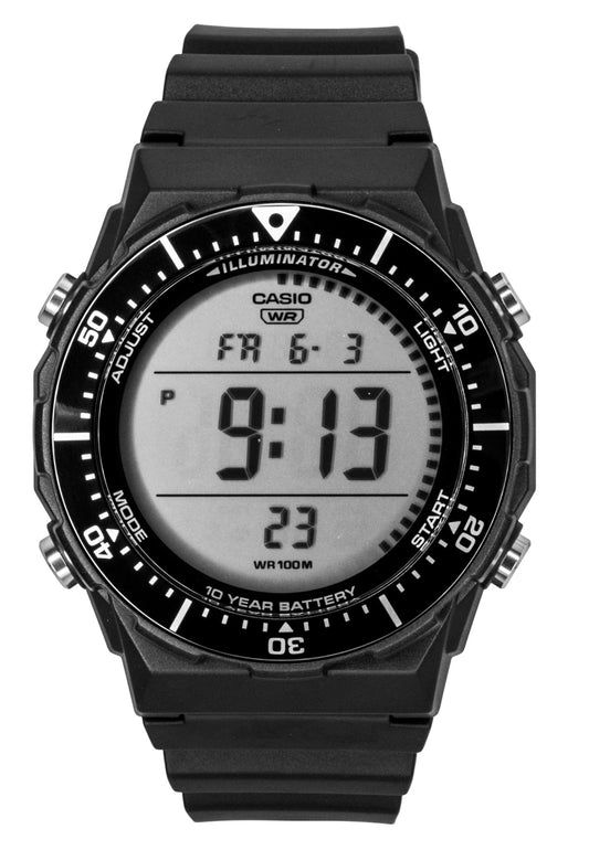 Casio Multifunctional Digital Resin Strap Quartz 100M. A brand-new Casio watch. Angled view.