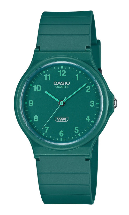 Casio POP Analog Bio Based Resin Strap Green Dial Quartz. A brand-new Casio POP watch featuring a Green dial. Angled view.