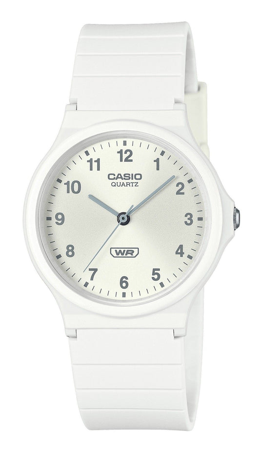 Casio POP Analog Bio Based Resin Strap Silver Dial Quartz. A brand-new Casio POP watch featuring a Silver dial. Front view.