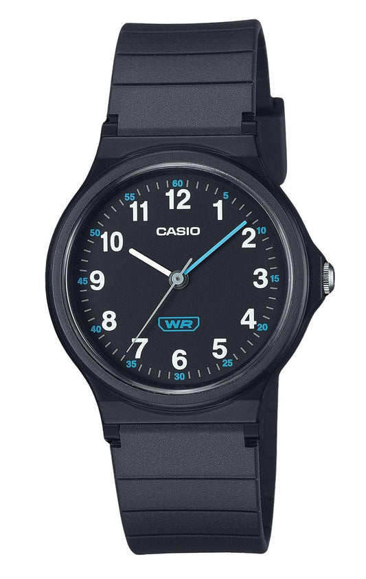 Casio Pop Analog Black Bio Based Resin Strap Black Dial. A brand-new Casio POP watch featuring a Black dial. Angled view.