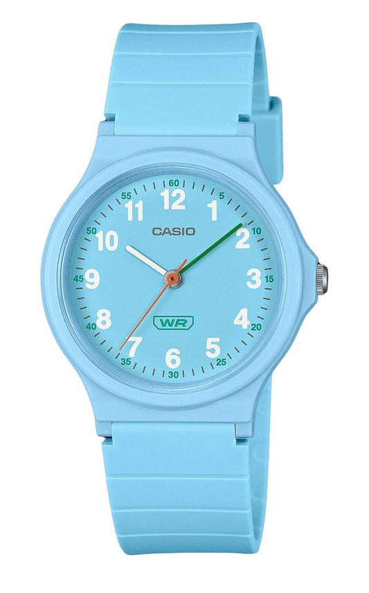 Casio Pop Analog Blue Bio Based Resin Strap Blue Dial. A brand-new Casio POP watch featuring a Blue dial. Side view.