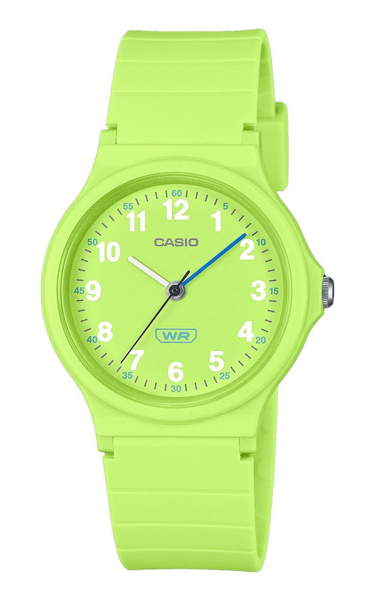 Casio Pop Analog Lime Green Bio Based Resin Strap Lime. A brand-new Casio POP watch featuring a Green dial. Front view.