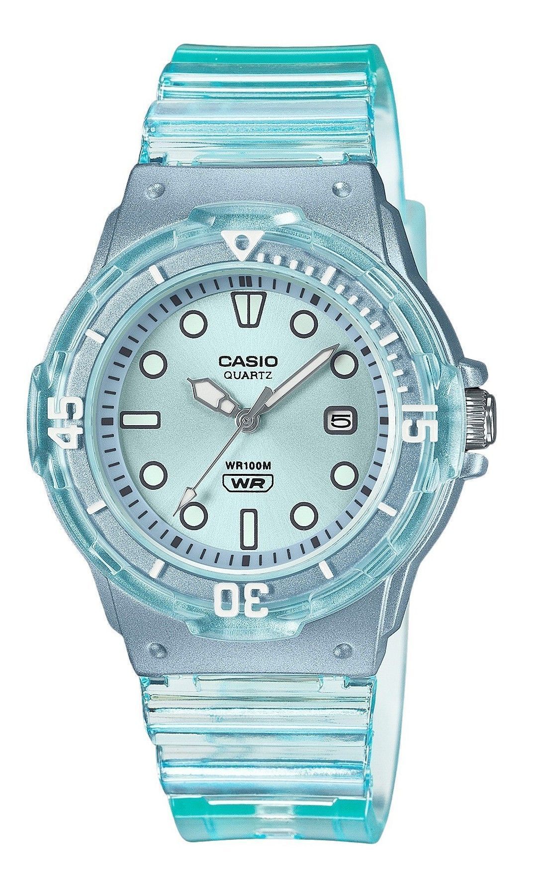 Casio POP Analog Resin Strap Blue Dial Translucent Quartz. A brand-new Casio POP watch featuring a Blue dial. Side view.