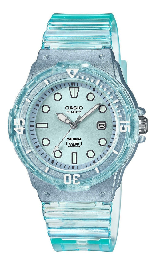 Casio POP Analog Resin Strap Blue Dial Translucent Quartz. A brand-new Casio POP watch featuring a Blue dial. Side view.
