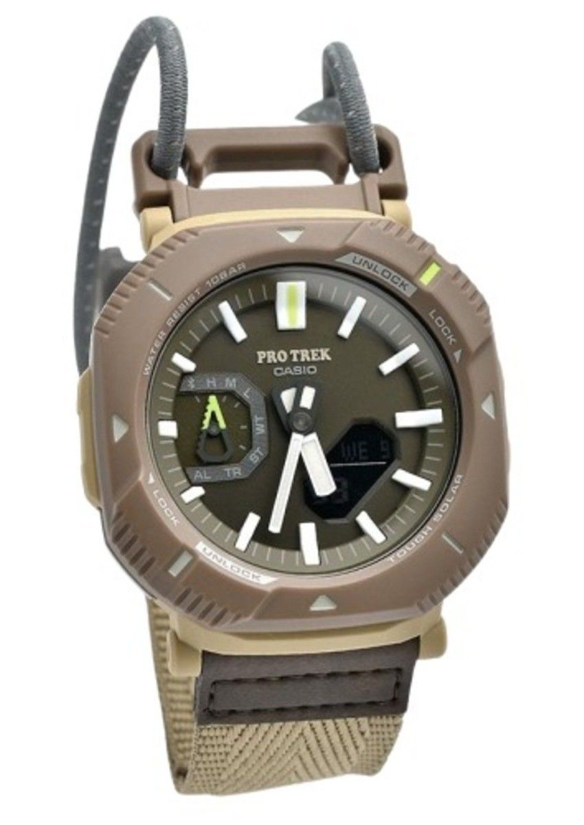 Casio Pro Trek Analog Digital Smartphone Link Cloth Strap. A brand-new Casio Pro Trek watch featuring a Green dial and a Polyester strap. Angled view.