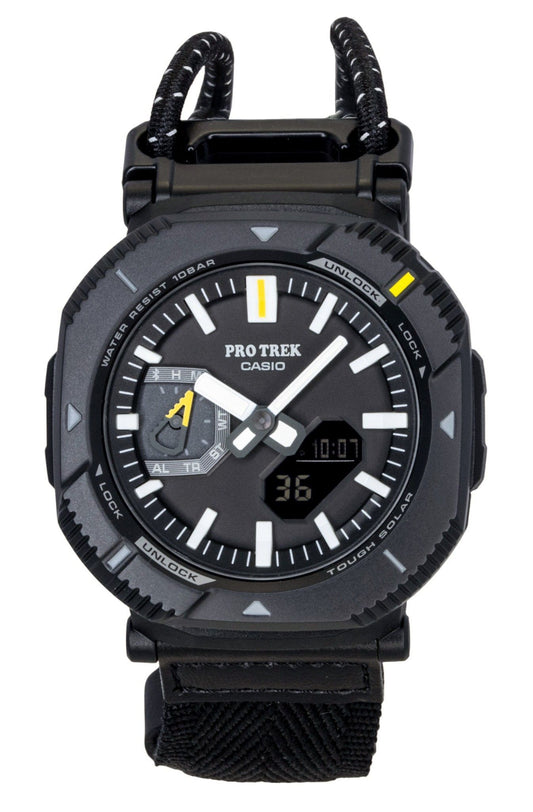 Casio Pro Trek Analog Digital Smartphone Link Fabric Strap. A brand-new Casio Pro Trek watch featuring a Black dial and a Polyester strap. Side view.