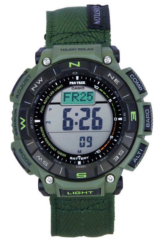 Casio Pro Trek Climber Line Digital Cloth Strap Solar 100M. A brand-new Casio Pro Trek watch featuring a Polyester strap. Side view.