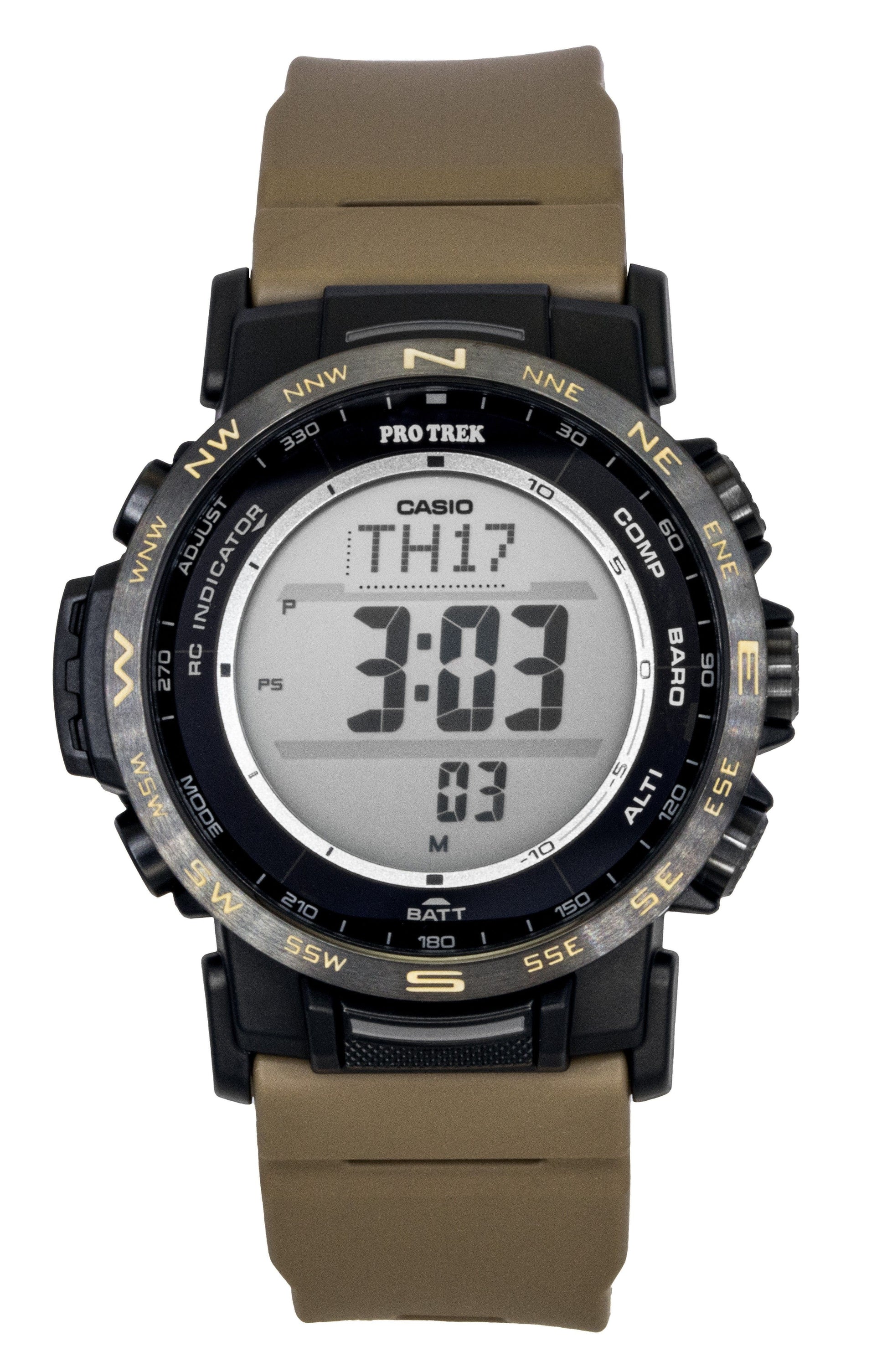 Casio Pro Trek Digital Bio-Based Resin Solar 100M. A brand-new Casio Pro Trek watch featuring a Plastic strap. Front view.