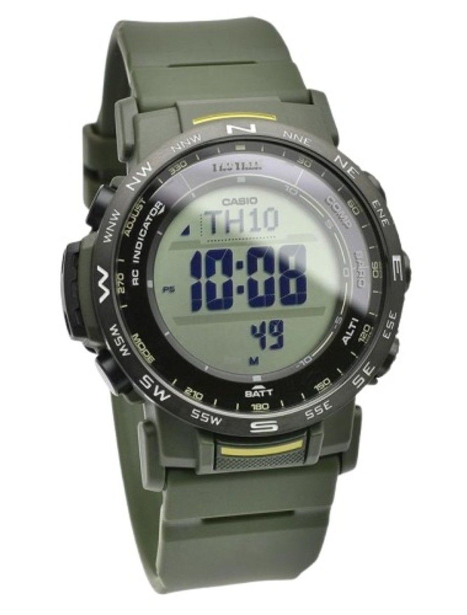 Casio Pro Trek Digital Bio-Based Resin Strap Tough Solar. A brand-new Casio Pro Trek watch featuring a Plastic strap. Side view.