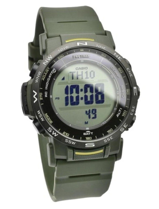 Casio Pro Trek Digital Bio-Based Resin Strap Tough Solar. A brand-new Casio Pro Trek watch featuring a Plastic strap. Side view.
