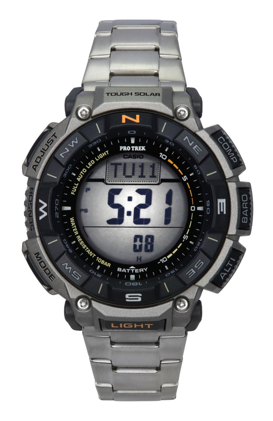 Casio ProTrek Digital Bio Based Resin Tough Solar 100M. A brand-new Casio watch. Angled view.