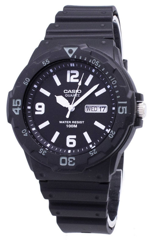 Casio Quartz Analog 100M Black Resin Strap MRW200H-1B2VDF. A brand-new Casio watch. Side view.