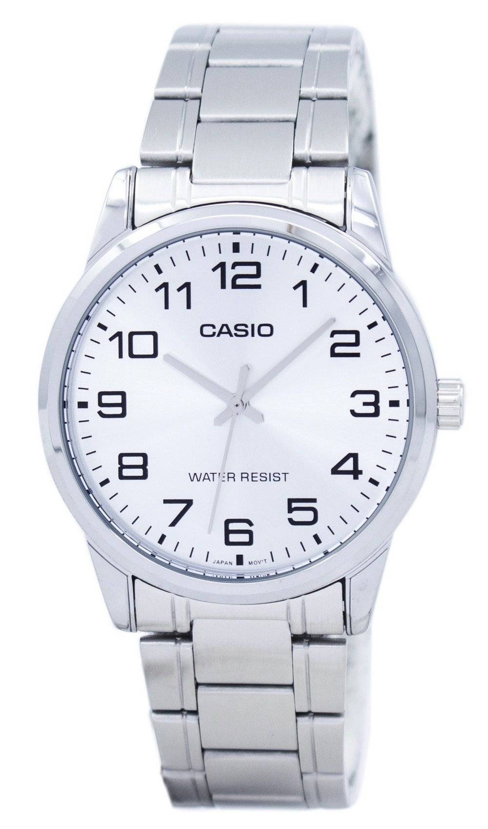 Casio Quartz Analog MTPV001D-7B Stainless Steel. A brand-new Casio watch featuring a Stainless steel strap. Angled view.