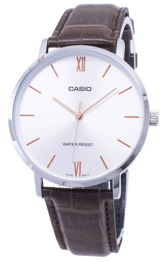 Casio Quartz MTPVT01L-7B2 Analog Stainless Steel. A brand-new Casio watch featuring a Leather strap. Angled view.