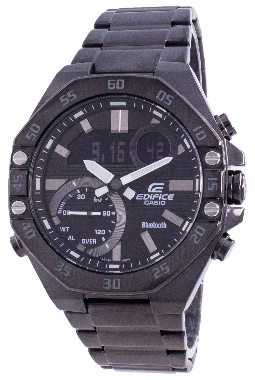 Casio Refurbished Casio Edifice Analog Digital Smartphone. A professionally refurbished Refurbished watch featuring a Black dial and a Stainless steel strap. Side view.